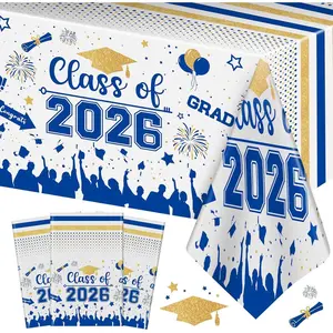 Graduation Decorations Class of 2026 Tablecloth - 3 Pcs Plastic Congrats Grad Table Cloth, Graduation Table Cover for Graduations Party Decorations 2026 and Party Supplies, 54"x108" (Blue and Gold)