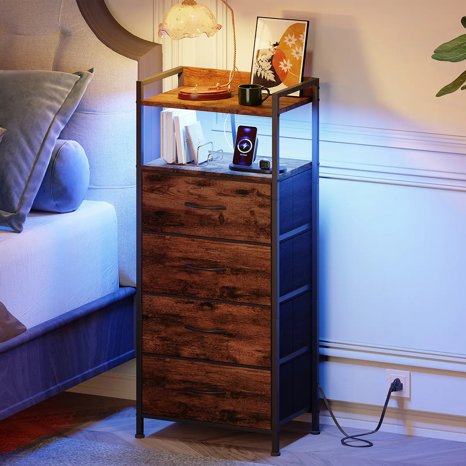 Somdot Black Nightstand with Charging Station and LED Light for Bedroom, Tall 4/5 Drawers Dresser with Fabric Bins for Living Room Bedside Nursery Lau