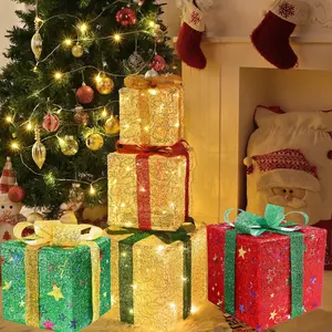 3 LED Christmas Gift Boxes, 50 LEDs, Decorative Christmas Illuminated Silver Thread Boxes, 8 Modes with Remote Control and Timer, Battery Operated Christmas Box for Christmas Decoration