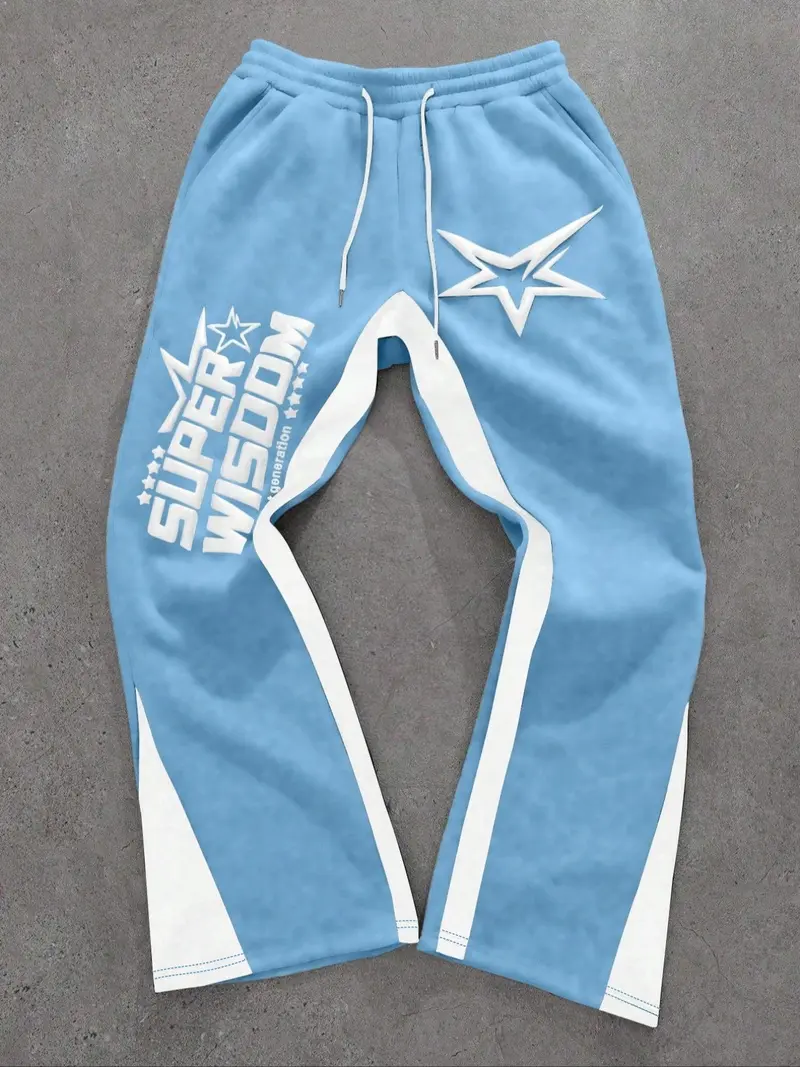 Men's Colorblock Letter & Star Print Sweatpants, Casual Comfy Straight-leg Pants for Daily Wear, Men's Trousers for All Seasons, Athleisure Style Bottoms