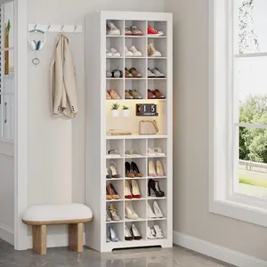 Gyfimoie 69.3" Tall Free Standing Shoe Storage Cabinet with 27 Cubbies, 11 Tiers White Shoe Rack with LED Lights, Shoe Cubby with Adjustable Shelf