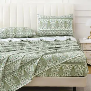 Paisley Printed Sheets Set, Boho Sheet Set Microfiber, 4 count Floral Sheets  Deep Pockets Up to 16" (Green)