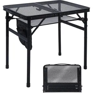 Camping Table, 2x1.3 FT Portable Folding Grill Table, Lightweight Height Adjustable Metal Tables with Mesh Desktop and Mesh Bag, Outdoor Tables for Camping, Picnic, Beach and BBQ, Black