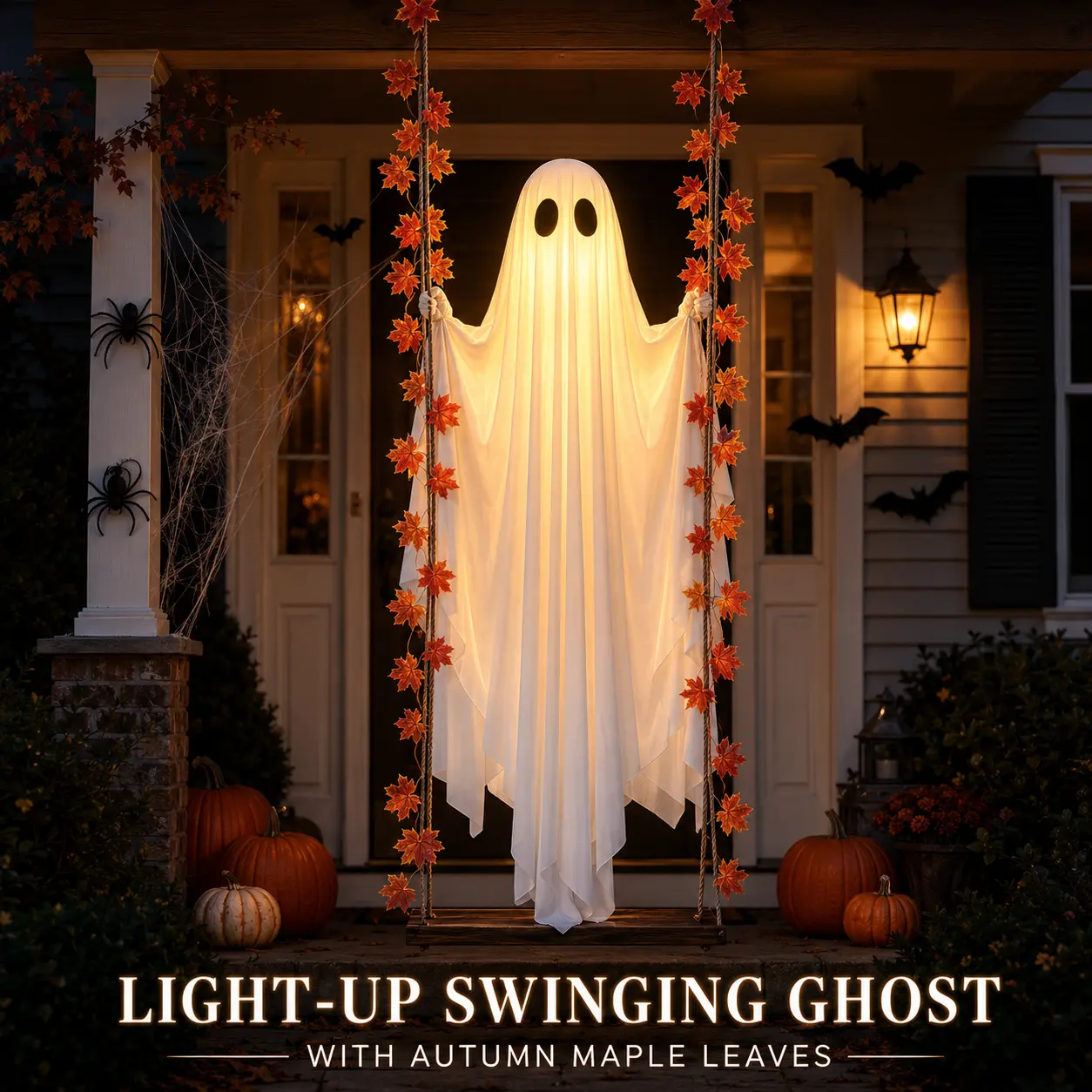 Light Up Swinging Ghost Halloween Decoration with Maple Leaf Garland, Remote Control LED Hanging Ghost for Outdoor Yard, Porch & Party