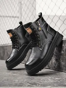 Unisex Shiny Waxed Leather Work Boots: Shiny Waxed Leather, Side Zipper, Height Boost Platform. For Streetwear/Retro Styling Footwear