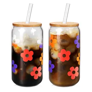 Spring  Gifts for Women-20oz Color  Changing Flower Glass Cup with Lid&Straw, Cute Gifts, Iced Coffee Cup, Glass Tumbler for Coffee Smoothie Unique Gifts,Birthday Gifts,Floral Glass Cup,Daisy Gifts for Coffee Lover