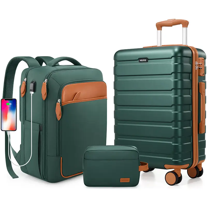 UKEIN&Miusse Luggage Set 3 Piece with Backpack,ABS Hard shell Carry On Luggage Airline Approved with Spinner Wheels, Hardshell Travel Suitcase with TS