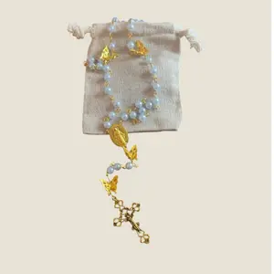 Light Periwinkle and Gold Butterfly Rosary with Elegant Beads and Cross Charm for Spiritual Practices