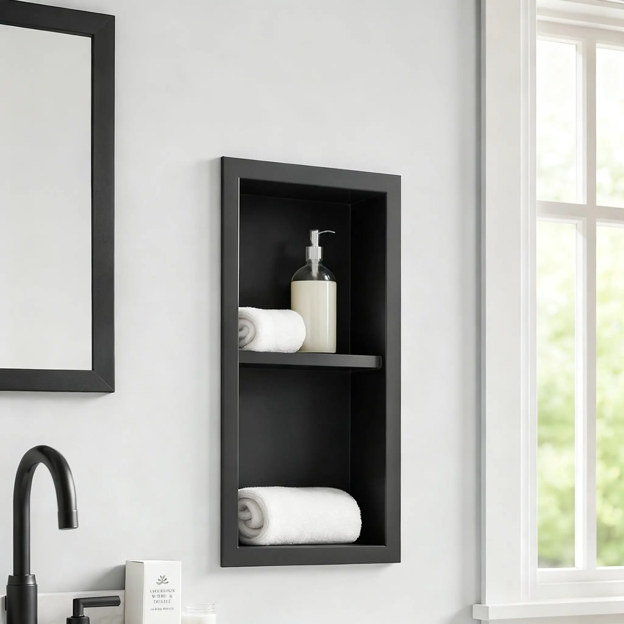 Cxforste Stainless Steel Shower Niche No Tile Needed Recessed with Two-Tier Shelves, 24" x 12" Recessed Wall Niche Shelf for Bathroom Storage Black