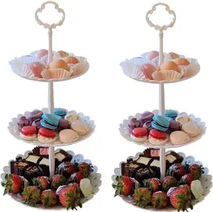 Set of 2 Pieces 3 Tier Dessert Stand Fruit Plate Cupcake Plastic White Cup Cakes Desserts Fruits Candy Buffet Serving Tray (White Round 2pcs)