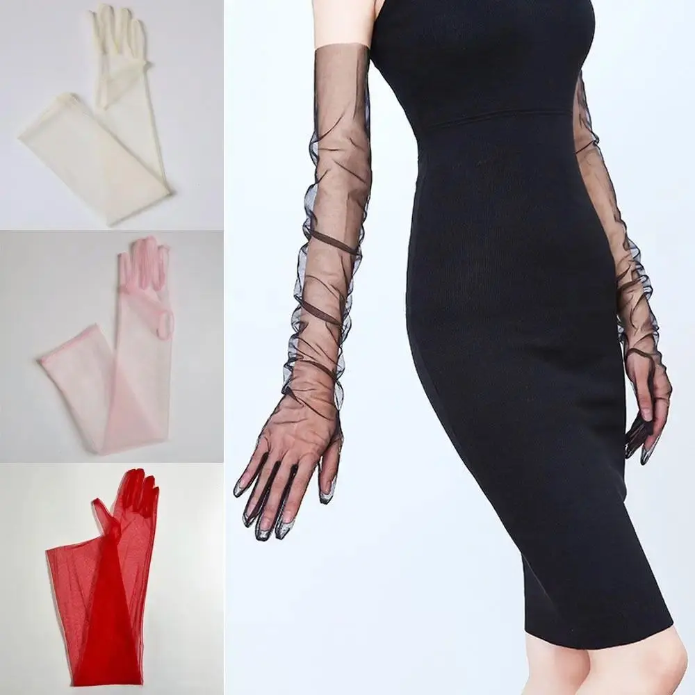 Opera Prom Thin Mesh Long Transparent Gloves Sun Protection 70cm Seamless Mittens Full Finger Long Sheer Gloves Women