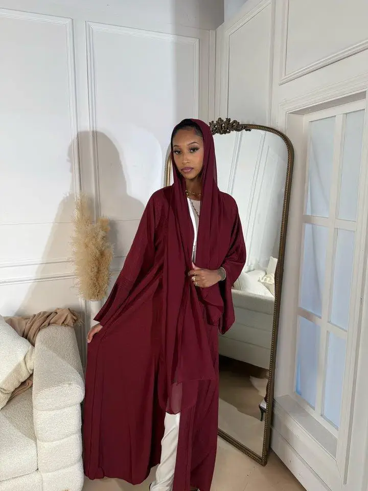 Burgundy Red Serene Linen Abaya Set - Modest Lightweight Flowy Open Design with Matching Hijab & Belt for Everyday Elegance