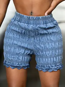 Women's Casual Loose-Fitting Shorts, Elastic Fabric Mid-Waist Design, Plain Pattern Summer Wear, Perfect for Daily & Dating