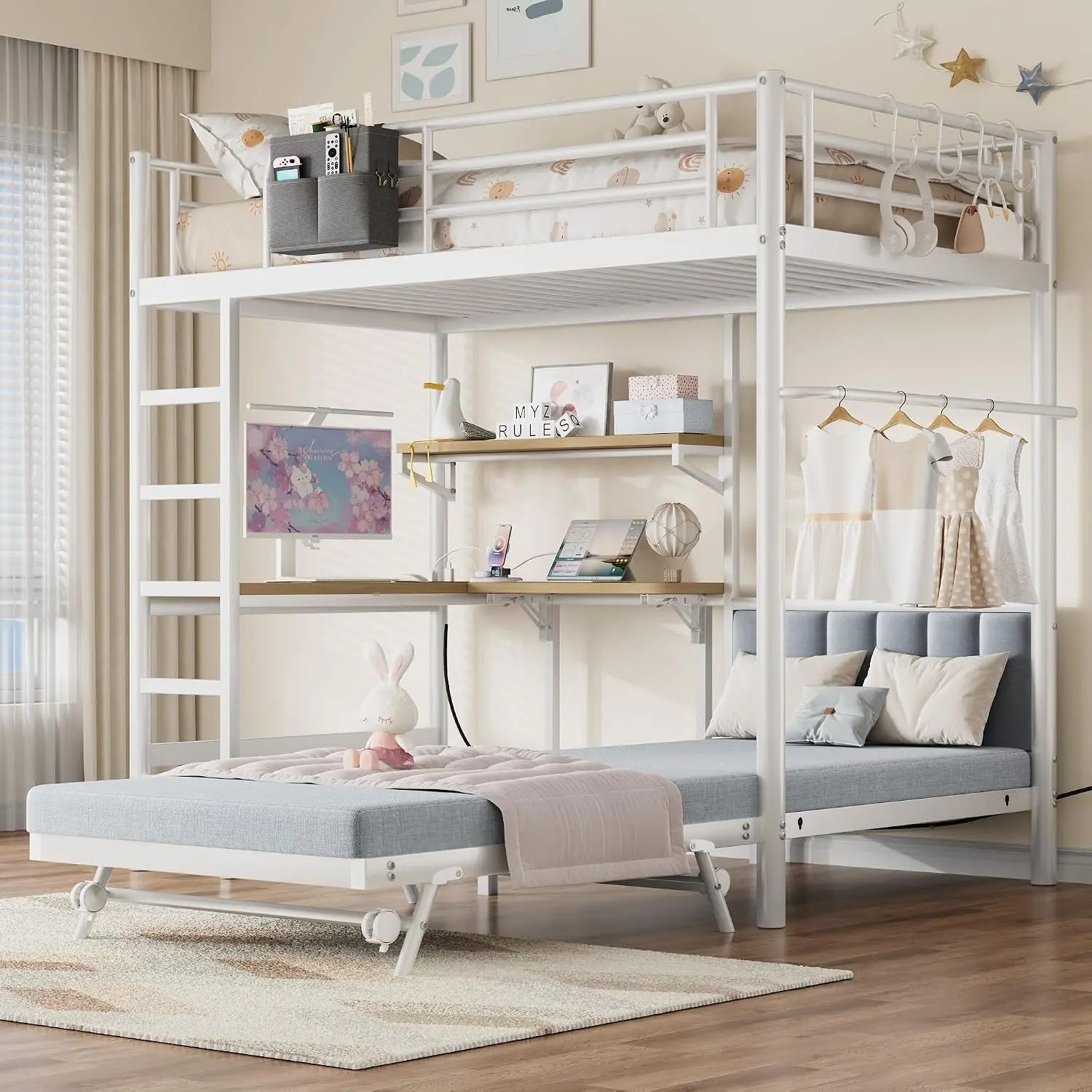Twin Loft Bed with Pull-Out Folding Bed and Desk, Heavy Duty Metal Bunk Bed Frame with Mattress, Dual-Access Bed, Charging Station, 2-Tier Adjustable Shelves, Safety Guard Rail & Ladder (Pearl White)