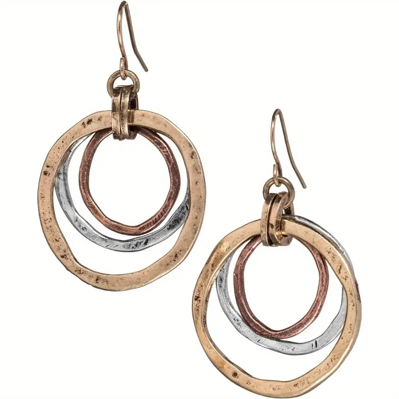 Boho Style Jewelry Handmade Sunrise Tricolor Dangle Earrings - Burnished Circles, Copper, Brass, Silverplated, Trendy Jewelry