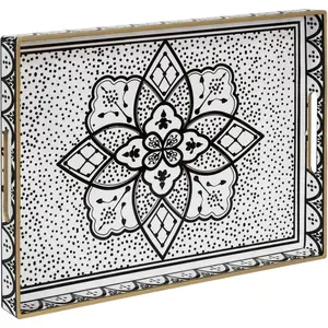 Plastic Serving Tray with Handles, Modern Black Tray for Coffee Table, Rectangular Trays with Flower , Decorative Trays for Ottoman, 15.8" Lx 11.8" W X 1.6" H