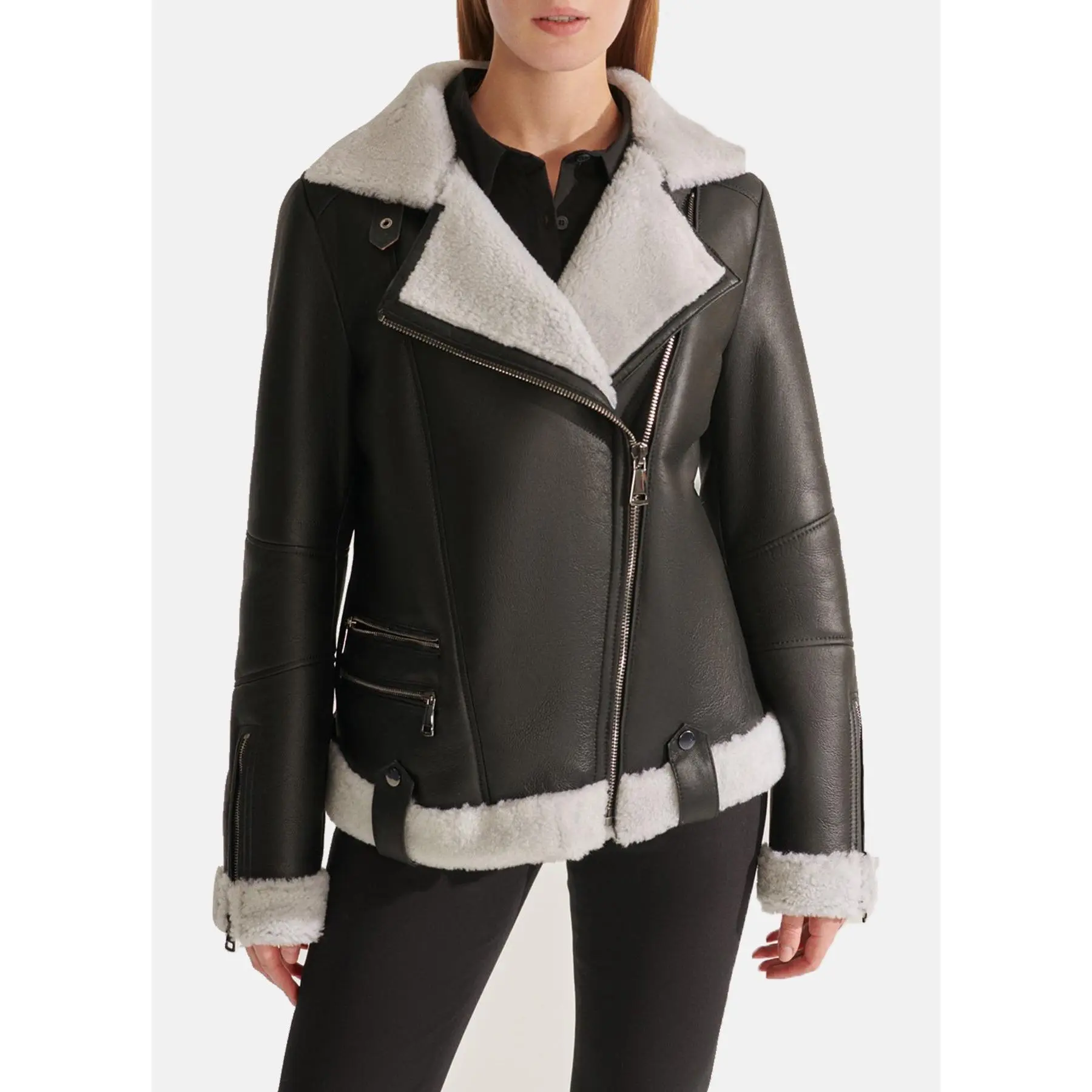 Womens Black Sport Shearling Leather Jacket