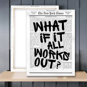 1pc Wooden Framed, What If It All Works Out Poster, Retro Newspaper Motivational Wall Art Canvas Painting, Aesthetic Typography Quote Art Poster Print Wall Pictures, Ideal For Bedroom, Office, Living Room, Home Decor, Quote Prints