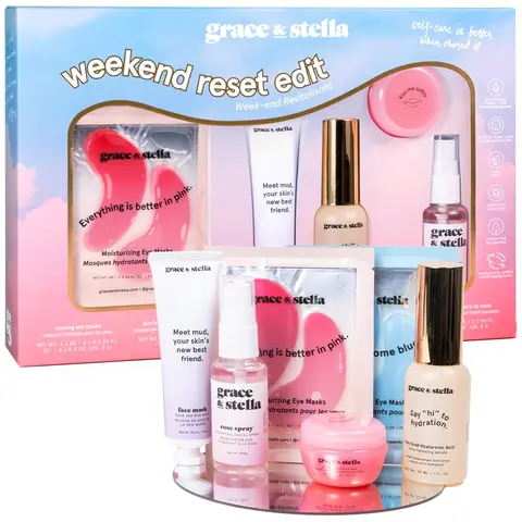 Weekend Reset Giftbox – 6 Skincare Essentials for a Perfect Glowcation with Hyaluronic Acid Serum, Energizing & Illuminating Eye Masks, Dead Sea Mud Mask, Berry Lip Mask, Rose Water Spray | Self-Care Bundle by grace & stella