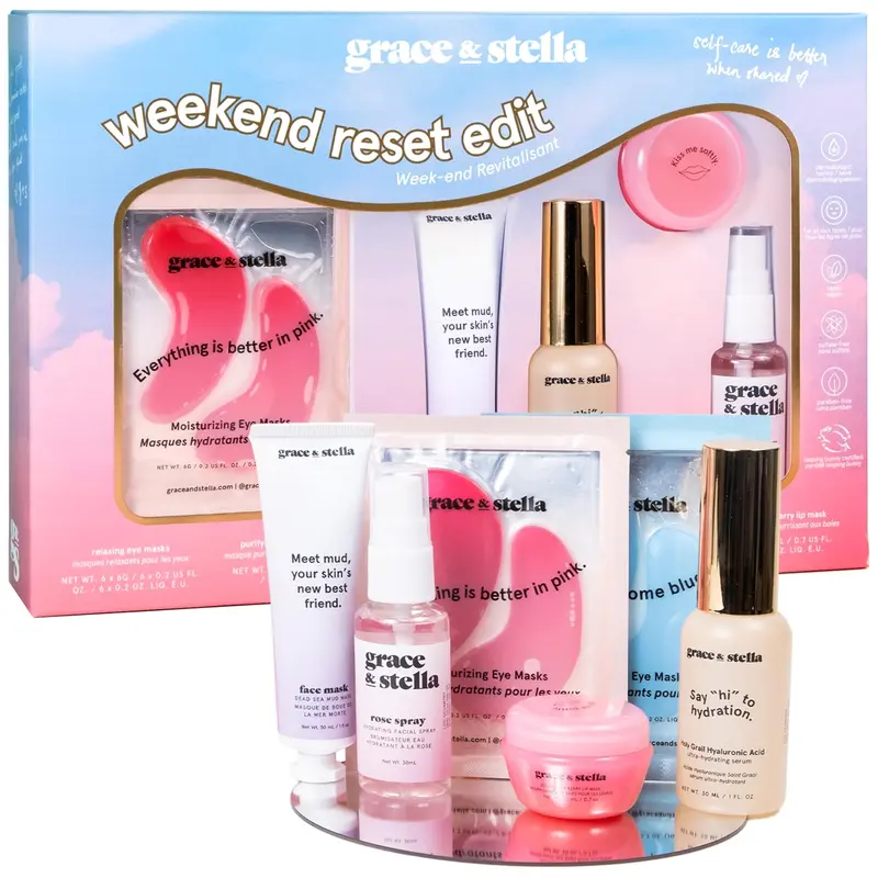 Weekend Reset Giftbox – 6 Skincare Essentials for a Perfect Glowcation with Hyaluronic Acid Serum, Energizing & Illuminating Eye Masks, Dead Sea Mud Mask, Berry Lip Mask, Rose Water Spray | Self-Care Bundle by grace & stella