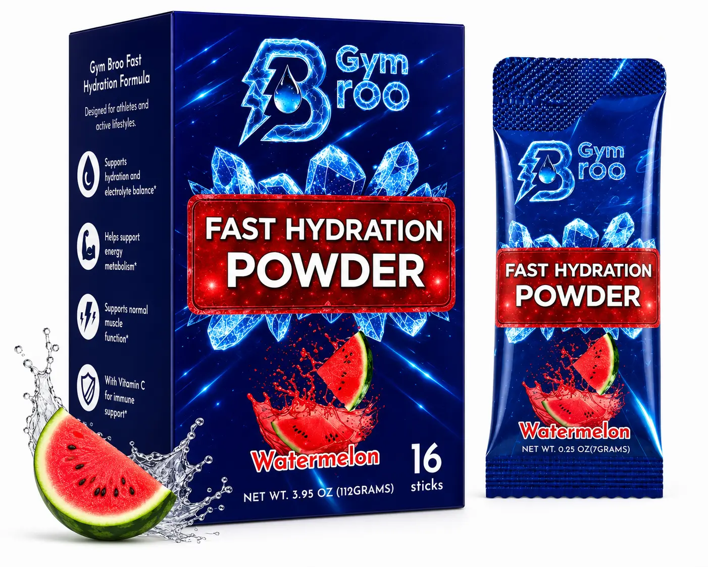 Gym Broo Fast Hydration Powder - Watermelon Flavor | Electrolyte Drink Mix | 16 Stick Packs (3.95 oz / 112g)