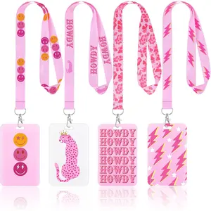 L-NKL011 4 Pack Preppy ID Badge Holder with Lanyard Preppy Lanyard with Clip Clasp Hard Card Case Pink Back to School Supplies Cool for School Decor for Women Girls Students Teachers Nurse Office Worker
