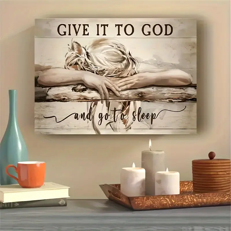 1pc Framed Painting Sleeping Girl Give It To God And Go To Sleep Canvas Posters And Prints Wall Art Pictures With Frame For Living Room & Bedroom, Home Decoration, Festival Gift For Her/Him, Ready To Hang