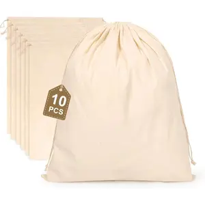 10 count Cotton Storage Bags with Drawstrings, X-Large 14x17inch Multipurpose Canvas Fabric Bread Bags,  Muslin Bulk Flour Sack Bags,  Potato Onion Storage Bags, Cloth Shoe Bags