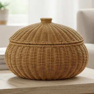 Natural Woven Storage Basket Bin Hand-Woven Bread Fruit Table Storage Basket with Cover Chinese Jewelry Snacks Tea Set Storage Box