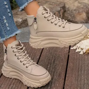 Women'S High-Top Platform Sneakers - Black & Beige Faux Cover, Thick Rubber Sole, Lace-Up Casual Shoes with Side Zipper, All-Season Comfort for Casual Attire, Ladies Sneakers