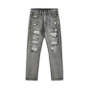 Black-Grey High-Cotton Slim-Fit Jeans | Heavy Distressed Streetwear Denim