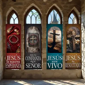 4 Pcs Religious Banners, Polyester Material Jesus Christ Hanging Banners Christian Cross Crown of Thorns Design For Easter Church Gathering Home Living Room Bedroom Prayer Corner Wall Decoration