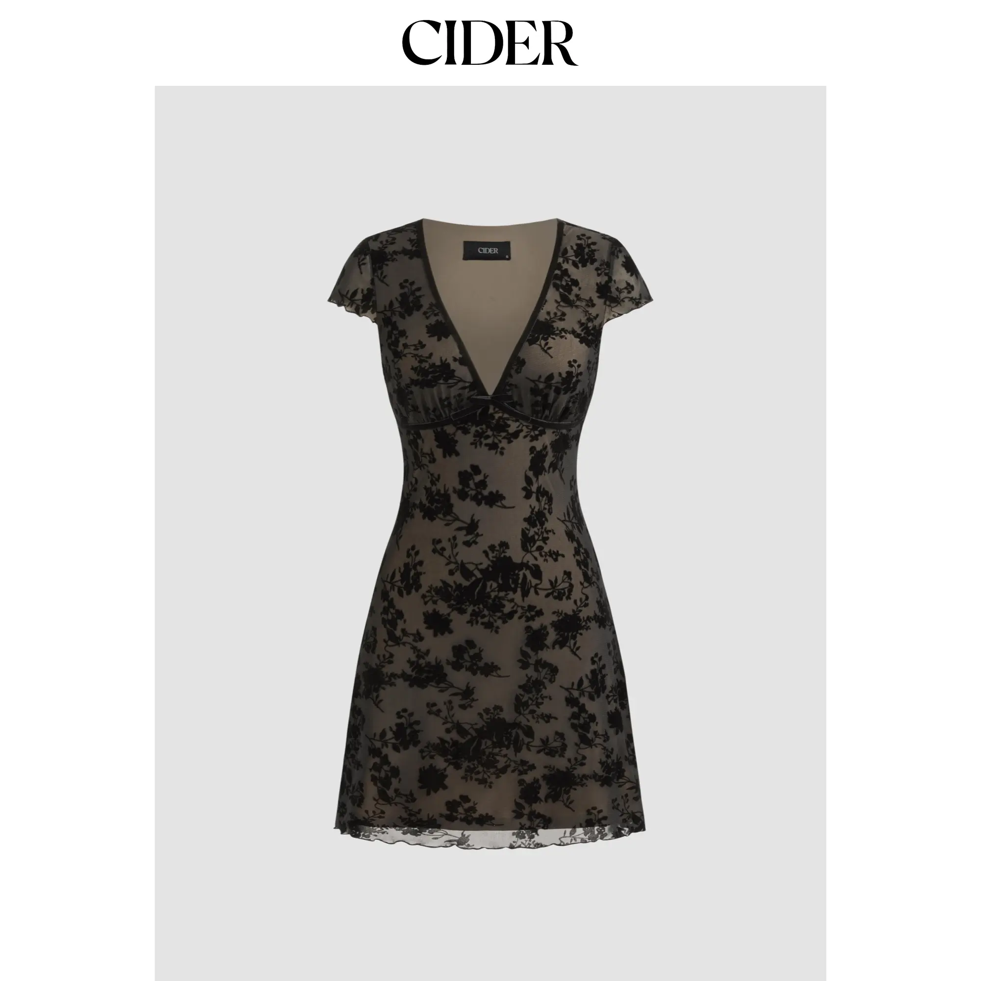 Cider Women's Casual Floral Print Mesh V-Neck Mini Dress with Short Puff Sleeves and a Tie-Front Bow Accent, Lady, Short Sleeves, Mesh Elastane, Mini Length, Sexy Party