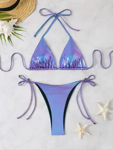 Women's Fabric Tie-Back Halter Glossy String Bikini Swimsuit, Stylish and Comfortable Swimwear for Beach and Pool