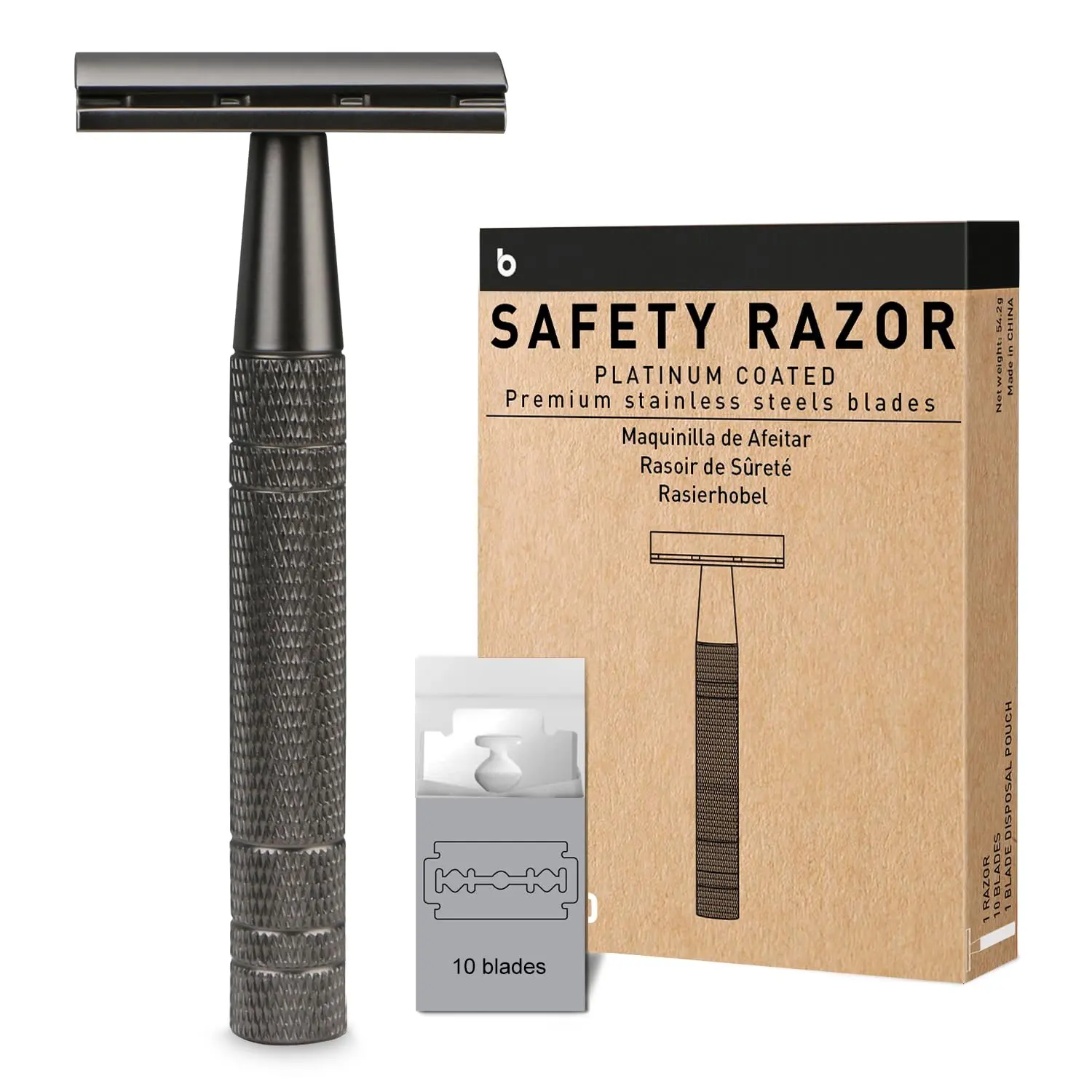 Matte Gun Black Safety Razor, Single Blade Razors for Men | Reusable Metal Razor, with 10 Platinum Coated Double Edge Blades, Smooth & Close & Comfort Shave, Eco-Friendly, Plastic Free