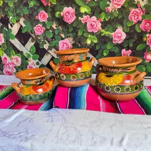 Michoacana Clay Bean Pot, 2lt, 3lt y 4lt. Claypot Flower Pattern Stockpot Cookware Kitchen