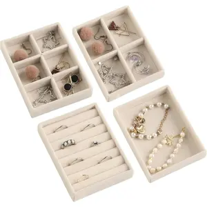 Small Jewelry Tray Set,Stackable Velvet Jewelry Organizer Tray,Mini Jewelry Drawer Organizer,Drawer Inserts,4.92 x 3.74 x 0.9 Inches,Earring Organizer for Women(Set 4,Beige)