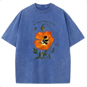 Holafish Heavyweight Cotton Crewneck Streetwear T‑Shirt, Retro Acid Wash Bee Poppy Flower "It is okay to stop doing and just be" Inspirational Graphic Printed Unisex Fashion Tees Summervibes Casual Top