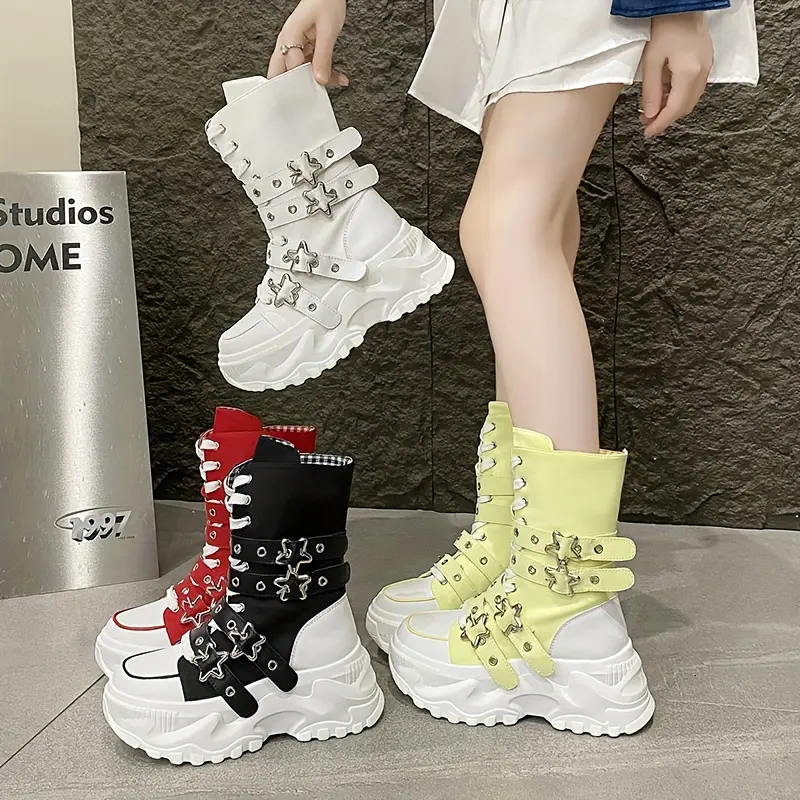 Women's Chunky Platform Boots with Thick Sole & Zipper Closure - Round Toe Faux Upper, All-Season White/Black/Red/Yellow/Green/Lime Boots for Casual & Dressy Outfits, Chunky Platform Heels (Hand Washable), Solid
