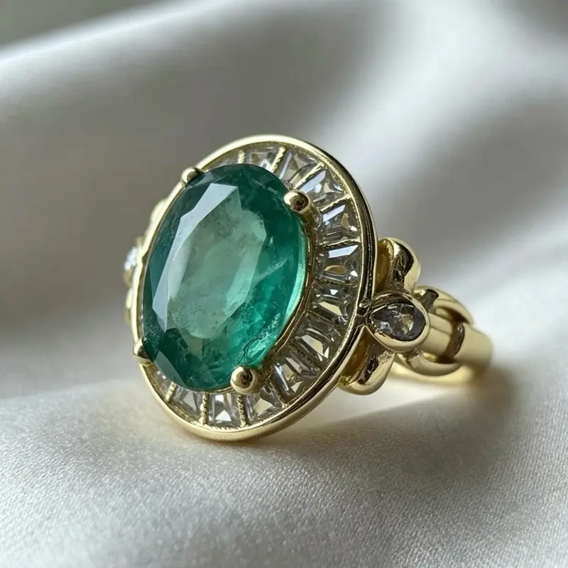 <PingEast Jewelry>Emerald ring401----925 Sterling Silver with Gold-Tone 6×8mm Natural Slightly Included Muzo-Colored Colombian Emerald Oval Halo Ring, with Certificate