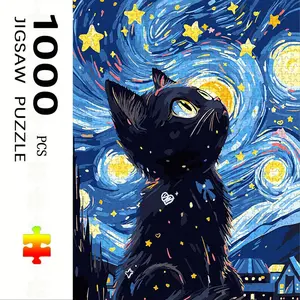 1000 Piece Starry Night & Cartoon Cat Puzzle, Large Adult Family Interactive Toy, DIY Home Decor Brain Challenge, Holiday Scene, Perfect Gift