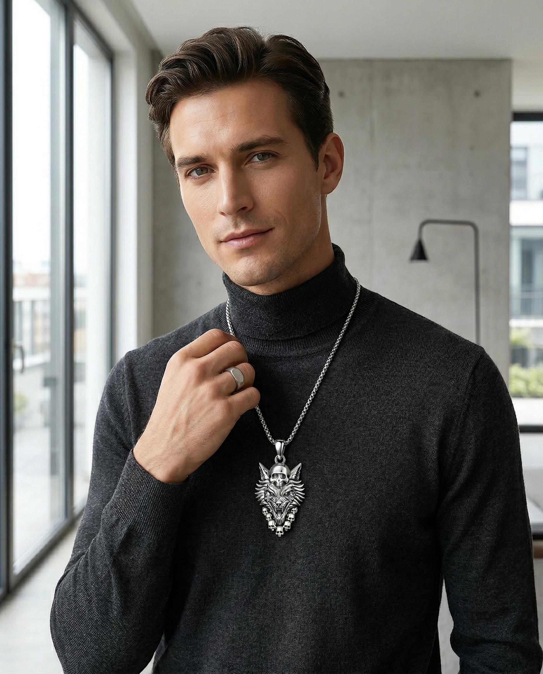 MEIDERBO Dream Chaser Wolf Skull Necklace for Men 925 Sterling Silver Oxidized Finish Wild Animal Pendant Captain Steel Style Stainless Steel Bead Chain 22+2 Inch