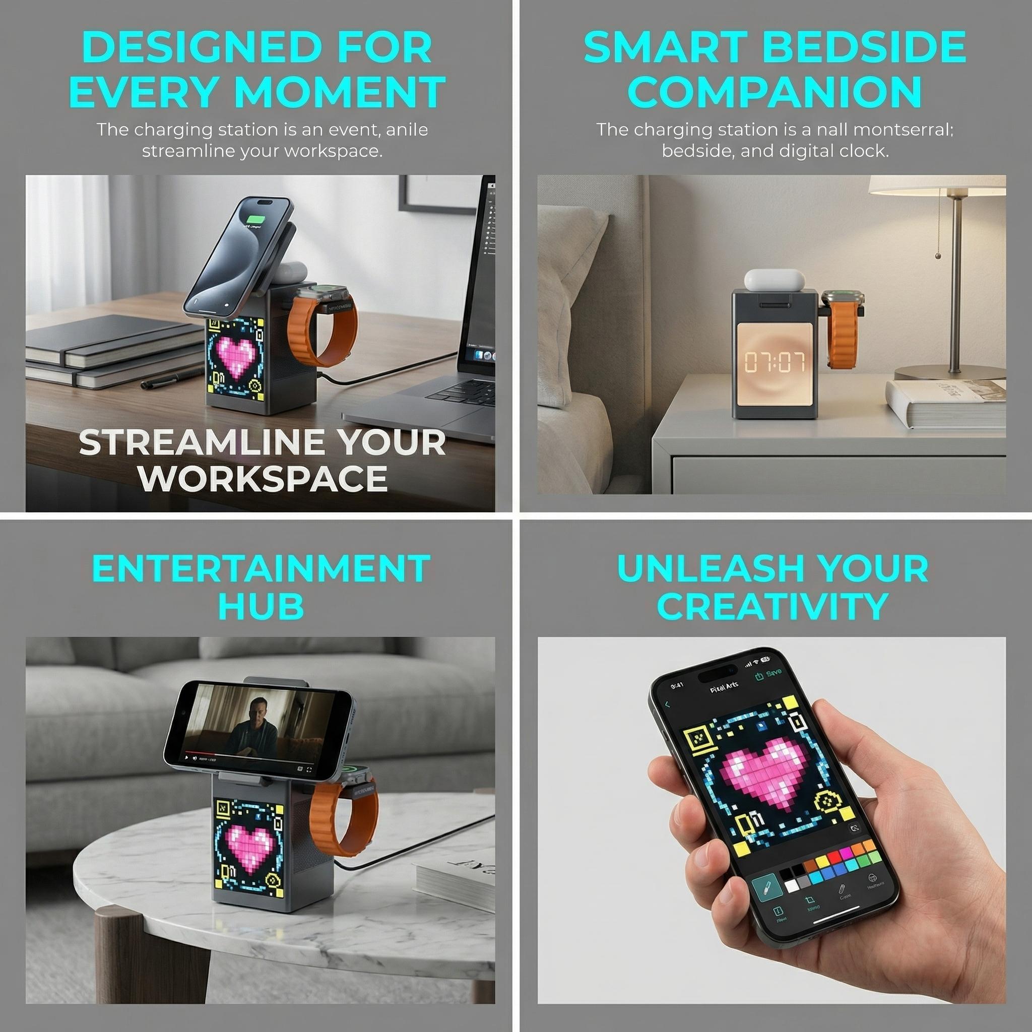 MagSafe-compatible 6-in-1 Charging Station with Bluetooth Speaker, Clock & Pixel Display – Ideal for iPhone, Desk, Travel & Multi-Device Charging | Smart All-in-One Solution for March Madness, Spring Break, World Cup & Easter