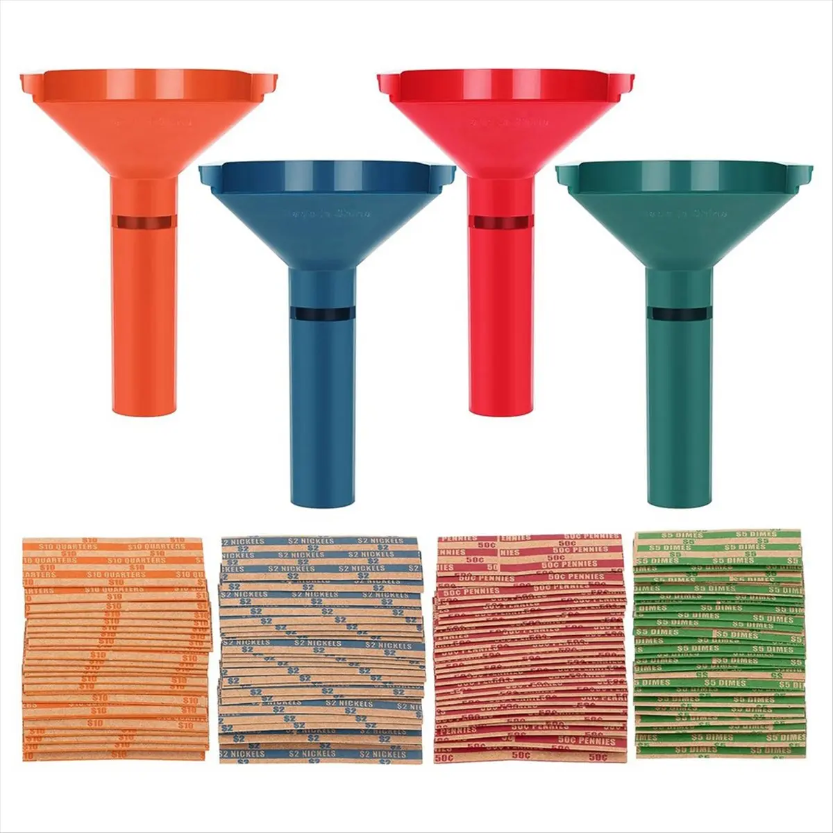 Car Exterior Decoration Accessory Easy-to-Use Coin Dispenser - 4 Sorter Tubes, 100 Pieces Assorted Wrappers for Sorting Coins (Quarter, Dime, Nickel, Penny)