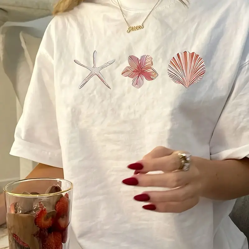 Women's Starfish & Shell Ocean Graphic Print T-Shirt - Casual Slim Fit, Short Sleeve, Round Neck Summer Beach Top; Size Up for Loose Fit