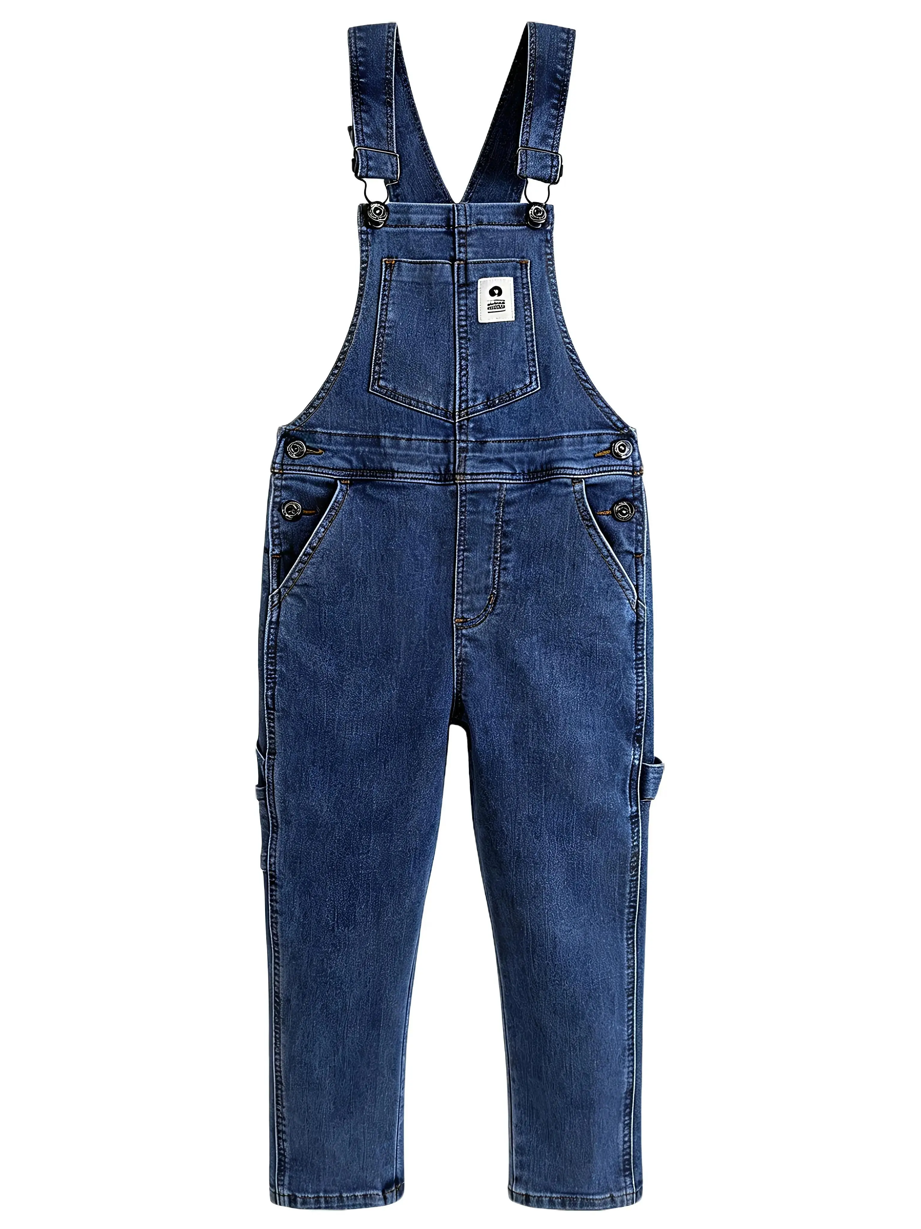 Kidscool Space Boys' Casual Washed High-Stretch Denim Overalls with Adjustable Straps and 5 Pockets for Everyday Wear, 12-13 Years, 24.0In, 5 Basic Pockets, 35.0In, Slant Pockets, 28.5In