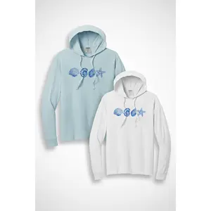 MTO Blue Sea Shells Beach Wash Garment-Dyed Pullover Hooded Tee
