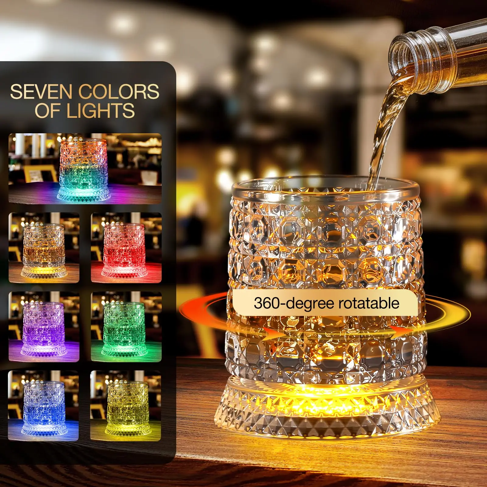 Whiskey Glass 260ml Rotating Spinning Tumbler with LED Light Base Clear Glass for Home Bar Cocktails Gifts