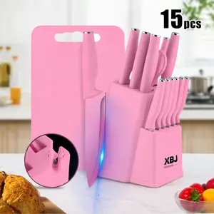XBJ 15-Piece Self-Sharpening Kitchen Cutlery Set with Wood Block, Stainless Steel Knives, Stylish Anti-Slip Handles, Dishwasher-Safe Premium German Sharpener Tools for Chopping & Steak Cutting Tasks