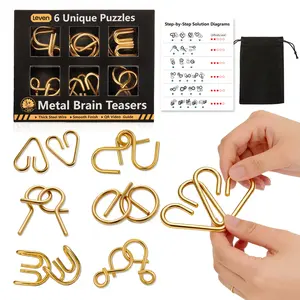 Leven Gold Metal Wire Puzzle Set – 6 Smooth Thick 4.3mm Rings, Brain Teaser IQ Chinese Ring Disentanglement Interlock Mind Game for Kids & Adults, Quick Start, Gift-Ready Gift Box